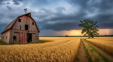 Fototapeta premium Dramatic Country Landscape with Rustic Barn and Wheat Field under Stormy Skies