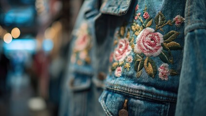 Close-up of a denim jacket with embroidered floral design