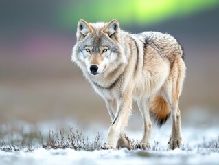 Majestic wolf in winter wonderland.