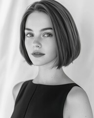Monochrome portrait of a young woman with a bob haircut.