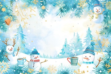 watercolor whimsical winter wonderland holiday card background featuring cheerful snowmen, steaming hot cocoa, sparkling gold snowflakes, and festive evergreen branches in frosty blue landscape