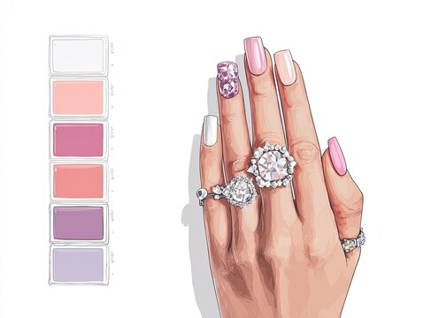 Hand with colorful nails and rings, showcasing a palette of shades - Powered by Adobe