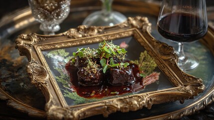Dark-toned beef cubes in rich sauce, garnished with greens, on ornate plate