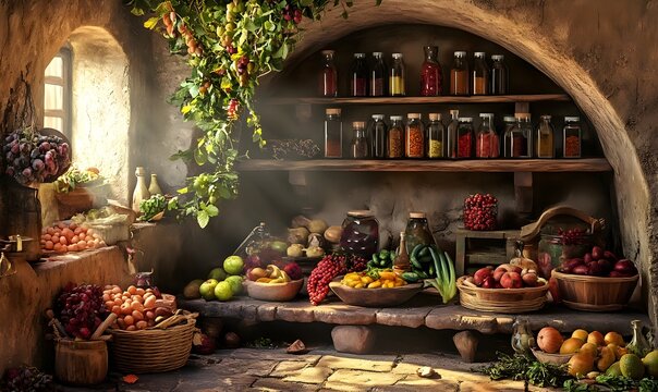 Rustic stone pantry abundant fresh produce herbs spices - Powered by Adobe