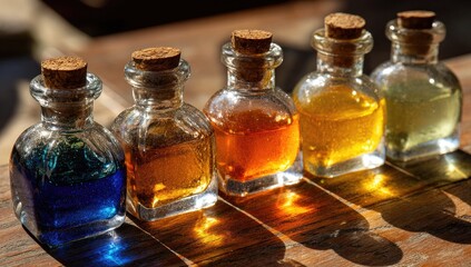 Small glass bottles, various colors, cork tops, sunlight