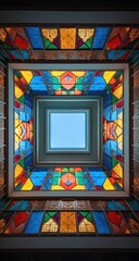 Stained glass skylight, vibrant colors, geometric patterns