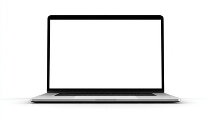 Front view of a modern laptop.  Blank screen, silver chassis