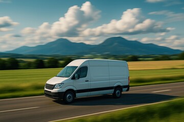 Obraz premium Rural delivery service. A delivery van driving through scenic mountains under a blue sky.