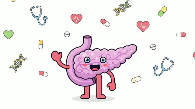 A cartoon illustration of a happy pancreas character waving, surrounded by medical symbols.