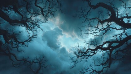 Twisted branches against a stormy sky