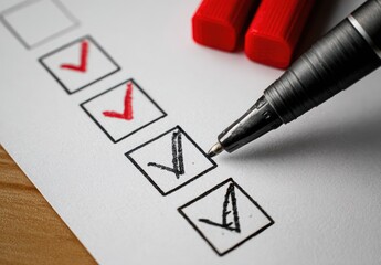 Checklist with checkmarks, pen, and red markers