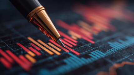 Market Trends: Analyzing Financial Charts with Precision, Close-up view of a pen tip hovering over a detailed financial chart displaying fluctuating market trends represented by red, orange, and blue 