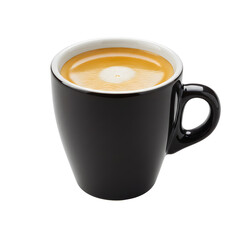 Espresso in a small black cup with cream swirl design  