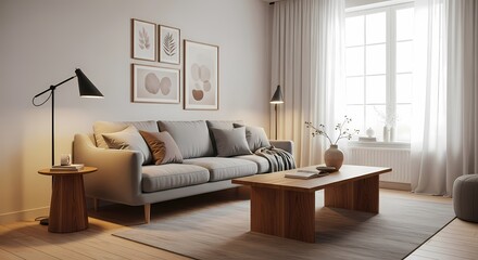 A cozy and modern living room featuring a comfortable grey sofa, wooden coffee table, floor lamps, and framed artwork on a neutral wall.