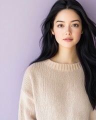Fototapeta premium Serene portrait of a young woman in beige knitwear.