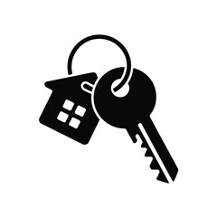 Black silhouette of a house key with a house shaped keychain
