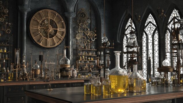 Gothic steampunk lab, filled with glassware and machinery