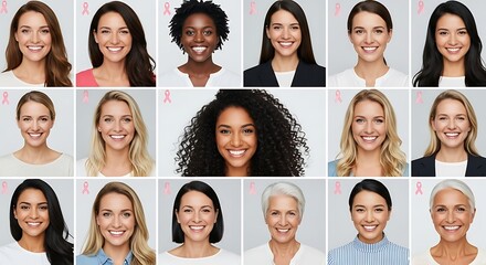 A collection of diverse women smiles portrait photo with pink ribbon.
