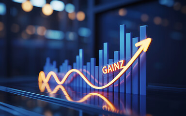 Blue bar graph with orange arrow and G A I N Z text