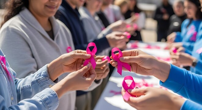 People are gathering together and holding pink ribbons for breast cancer awareness.