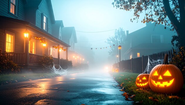 Headlights in the Fog. A view from the sidewalk as a car's headlights cut through the thick ground fog on a suburban street at dusk.