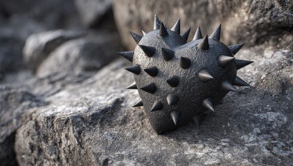 A dark heart shape, studded with sharp spikes, rests on rough gray rocks