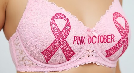  Pink ribbon and pink bra, symbolizing breast cancer awareness. 