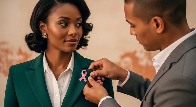 A supportive man attaching a pink ribbon to a woman's jacket. 
