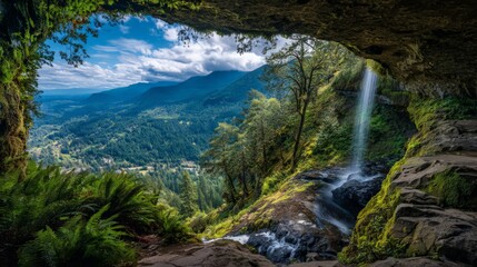 Hidden Waterfall View From Cave Opening In Lush Green Forest