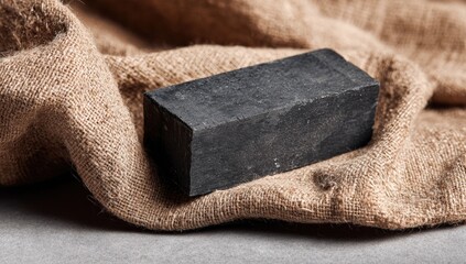 Dark rectangular bar of soap on a beige linen cloth