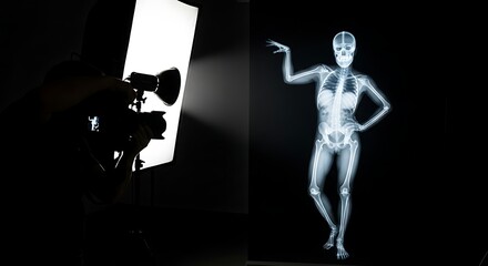 An x-ray image of a human body with a camera taking a photo. 