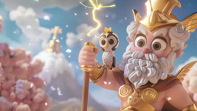 3d Cartoon chibi Greek gods Zeus hurling tiny lightning