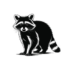 Black and white illustration of a raccoon standing on a white background