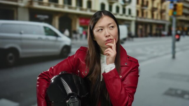 Woman in red jacket ponders on bustling city street holding helmet showcasing urban lifestyle and thoughtful expression in a vibrant outdoor scene.