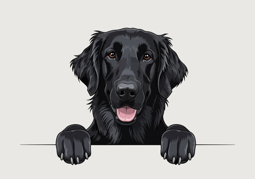 Vector illustration of a black Flat-Coated Retriever dog looking over a white ledge, with its paws visible.