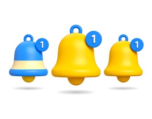 Three notification bells, one blue and two yellow, each with a number one badge
