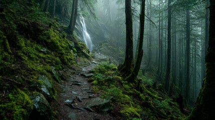 Fototapeta premium Misty Forest Path With Waterfall And Lush Greenery