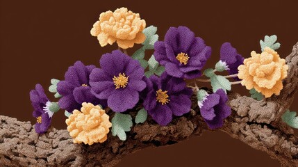 Fototapeta premium A cluster of purple and yellow textured flowers on a textured branch against a brown background