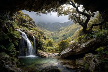 Obraz premium Hidden Waterfall In Mountainous Forest Landscape