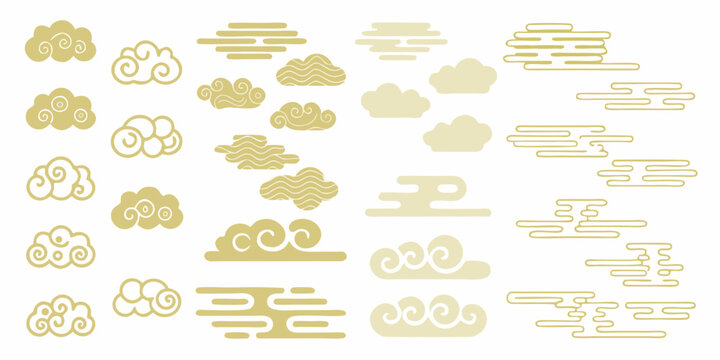 Collection of stylized golden clouds and asian auspicious clouds