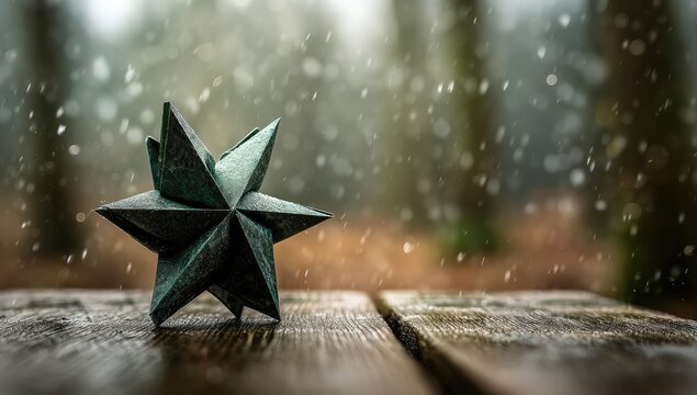 A teal-colored star-shaped ornament sits on a weathered wooden picnic table, with a wintery forest background. Snow or light rain is falling softly
