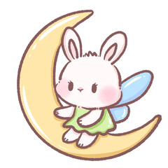 Cute bunny fairy sitting on crescent moon illustration kawaii rabbit with blue wings and green dress magical night sky character design whimsical celestial art for nursery and children room decor