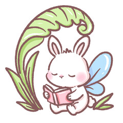 Cute bunny fairy reading book under large leaf canopy in pastel kawaii style featuring adorable spring forest animal illustration perfect for nursery art childrens prints and whimsical fantasy designs