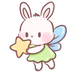 Kawaii bunny fairy holding a golden star cute pastel rabbit with blue wings and green dress magical fantasy theme illustration perfect for kids designs charming childrens art and creative projects