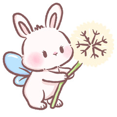 Obraz premium Cute bunny fairy holding a dandelion flower illustration kawaii rabbit with blue wings spring nature floral character design whimsical woodland animal art nursery wall decor children book style