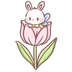 Cute white bunny fairy sitting inside pink tulip flower kawaii spring rabbit illustration whimsical garden fantasy character pastel cartoon floral nature adorable digital art design