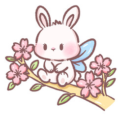 Cute white bunny fairy sitting on blooming cherry blossom branch kawaii spring rabbit illustration whimsical garden fantasy character pastel floral nature cartoon adorable digital art design