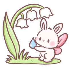 Cute white bunny fairy holding water drop under lily of the valley flower kawaii spring rabbit illustration whimsical garden fantasy character pastel cartoon floral nature digital art design