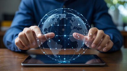 Hands holding a glowing digital globe with data connections on a tablet