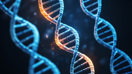 Close up of three glowing dna strands with a dark background